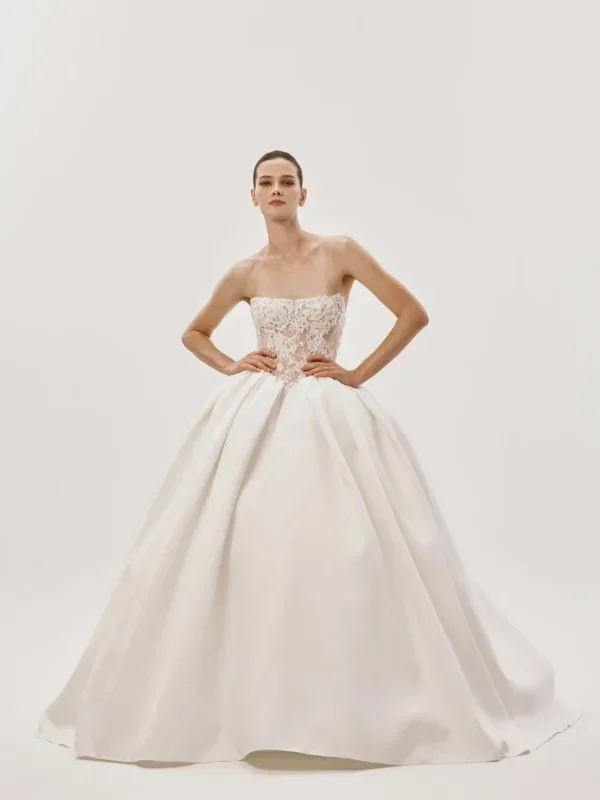 Strapless Basque-Waist Lace And Silk Ball Gown by Nicole + Felicia - Image 1
