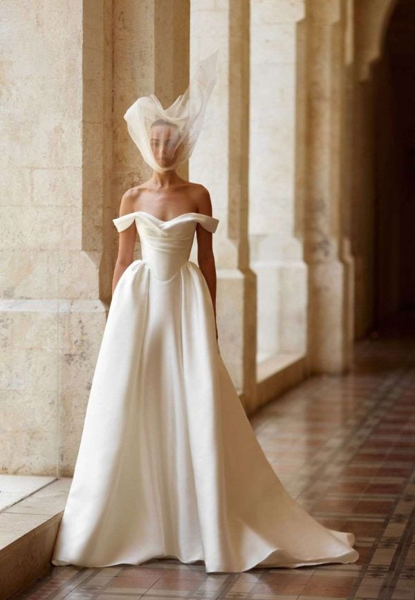 Sculptural Silk Off-The-Shoulder A-Line Wedding Dress With Slit by Alon Livné - Image 1