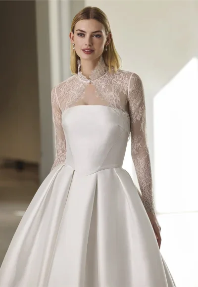 Chic And Sophisticated Silk Ball Gown With Detachable Sleeves And Topper by Pronovias - Image 3