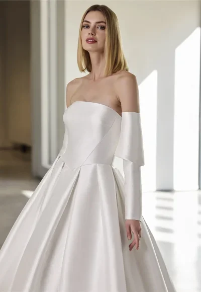 Chic And Sophisticated Silk Ball Gown With Detachable Sleeves And Topper by Pronovias - Image 2