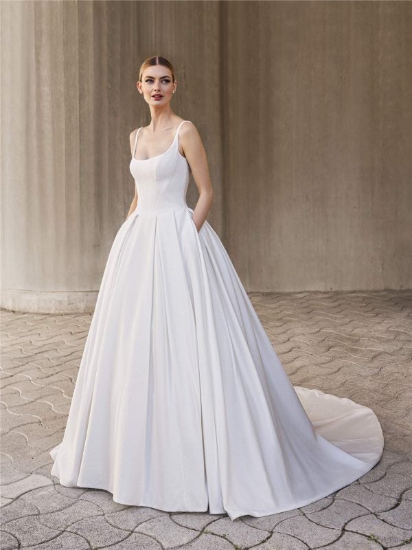 Scoop-Neck Textured Ball Gown With Pockets And Buttons by Pronovias - Image 1