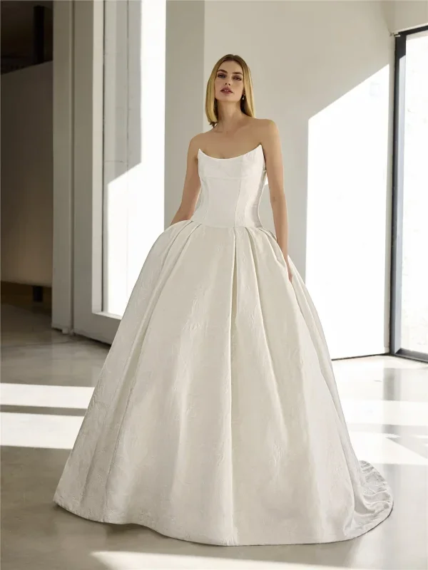 Strapless Drop-Waist Jacquard Ball Gown With Buttons by Pronovias - Image 1