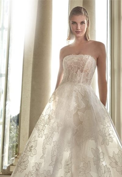 Chic And Romantic Floral High-Low A-Line Wedding Dress by Pronovias - Image 2