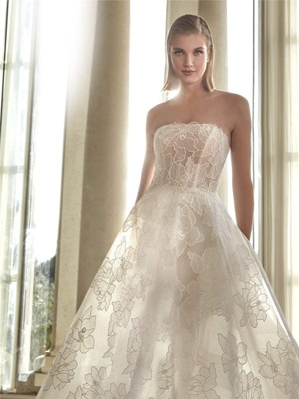 Chic And Romantic Floral High-Low A-Line Wedding Dress by Pronovias - Image 2