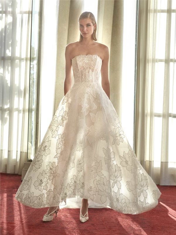 Chic And Romantic Floral High-Low A-Line Wedding Dress by Pronovias - Image 1