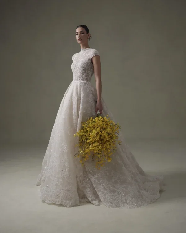 High-Neck Lace Ball Gown With Cap Sleeves by Senstudio - Image 1