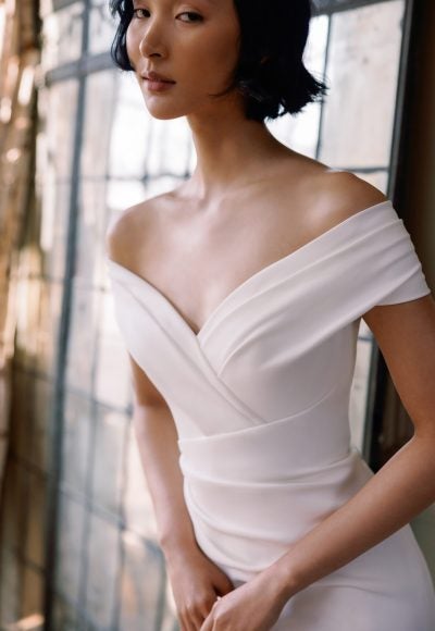 Simple Crepe Off-The-Shoulder Fit-And-Flare Wedding Dress by Sareh Nouri - Image 4
