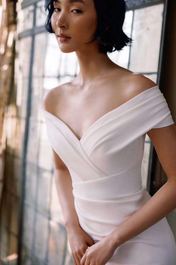 Simple Crepe Off-The-Shoulder Fit-And-Flare Wedding Dress by Sareh Nouri - Image 4