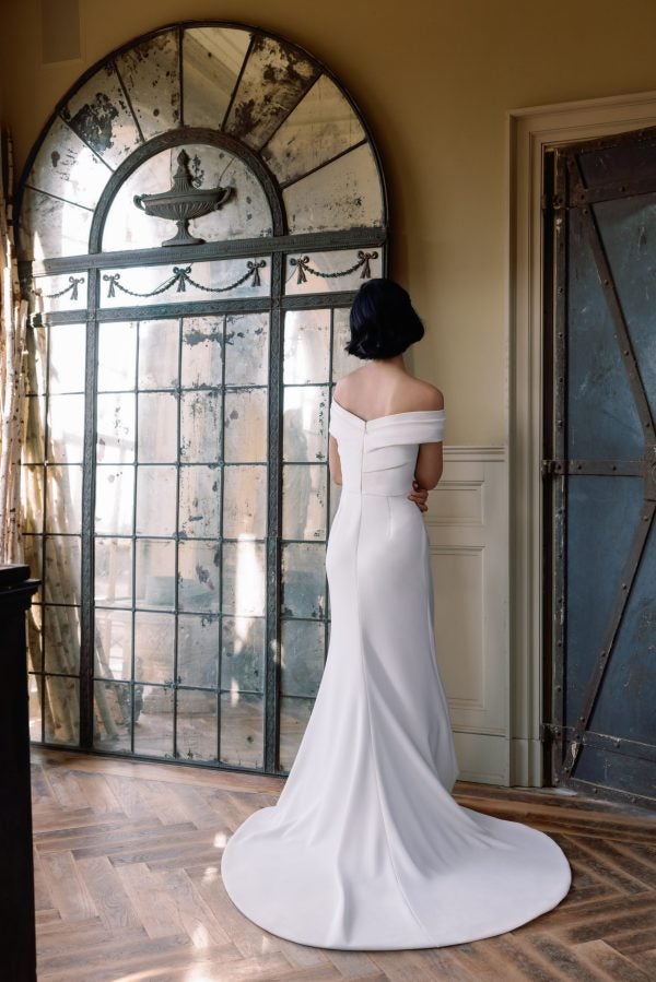 Simple Crepe Off-The-Shoulder Fit-And-Flare Wedding Dress by Sareh Nouri - Image 3