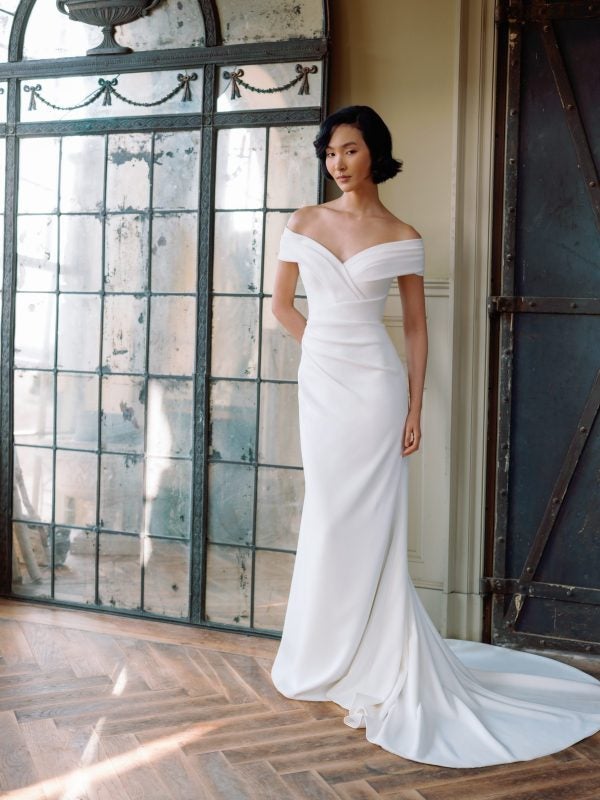 Simple Crepe Off-The-Shoulder Fit-And-Flare Wedding Dress by Sareh Nouri - Image 1