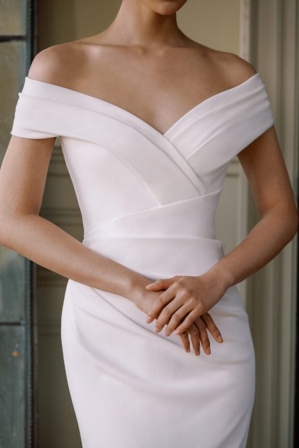 Simple Crepe Off-The-Shoulder Fit-And-Flare Wedding Dress by Sareh Nouri - Image 2