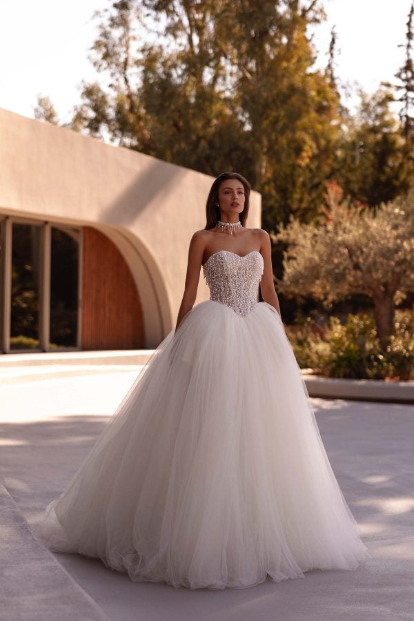Modern And Dramatic Pearl-Embellished Tulle Ball Gown by Demetrios - Image 1