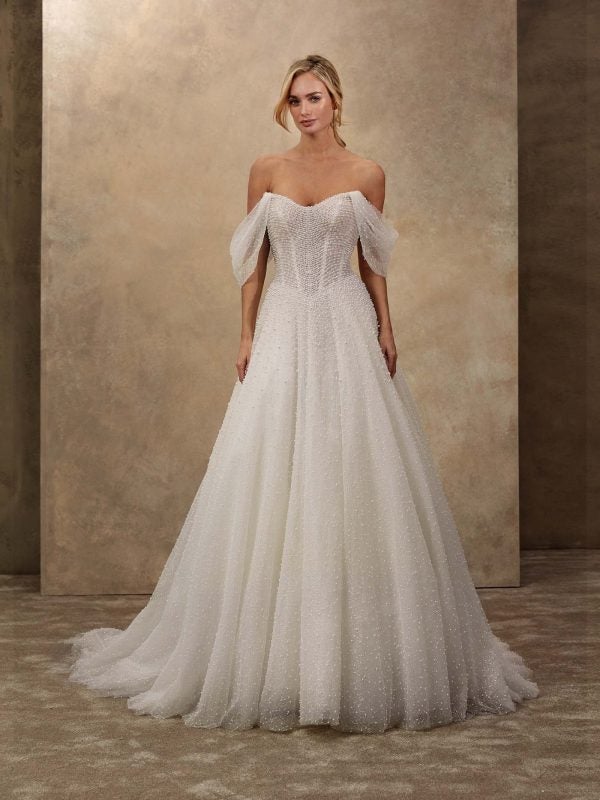 Dramatic And Feminine Pearl-Embellished Tulle Ball Gown by Demetrios - Image 1