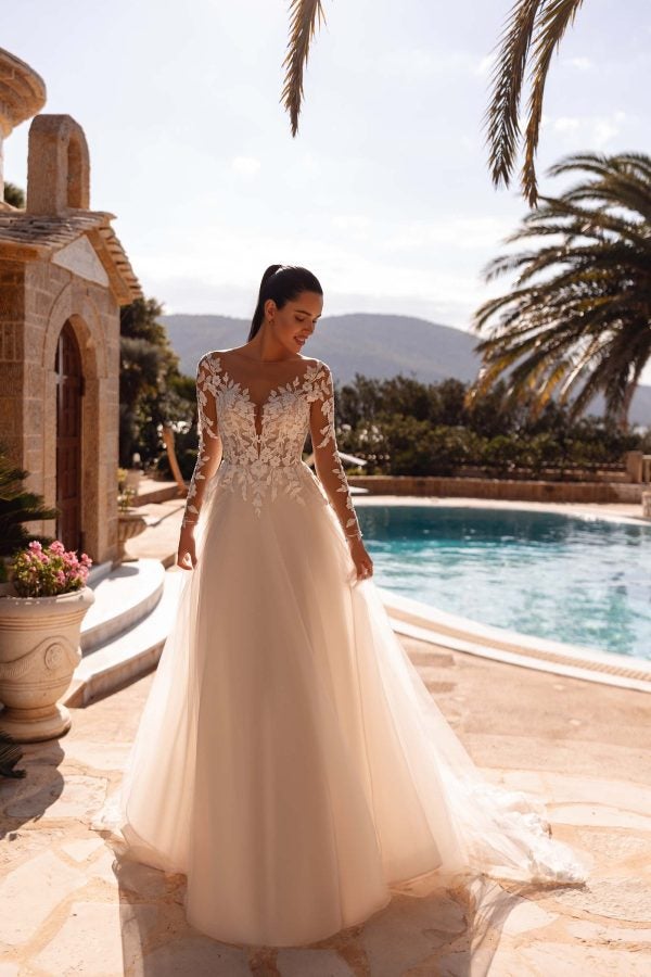 Romantic And Ethereal Illusion A-Line Wedding Dress With Buttons by Demetrios - Image 1