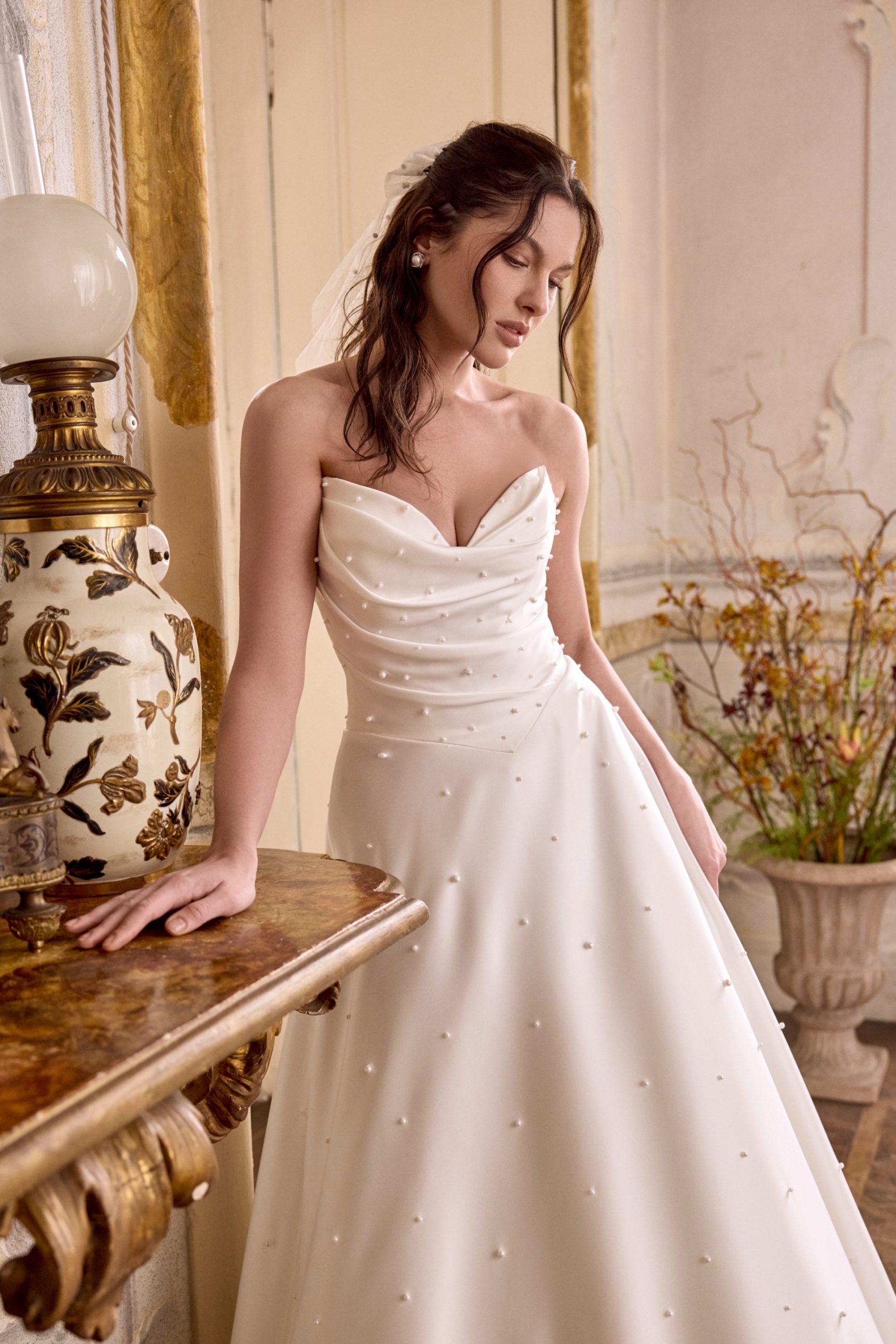 Strapless Pearl-Adorned A-Line Wedding Dress With Buttons