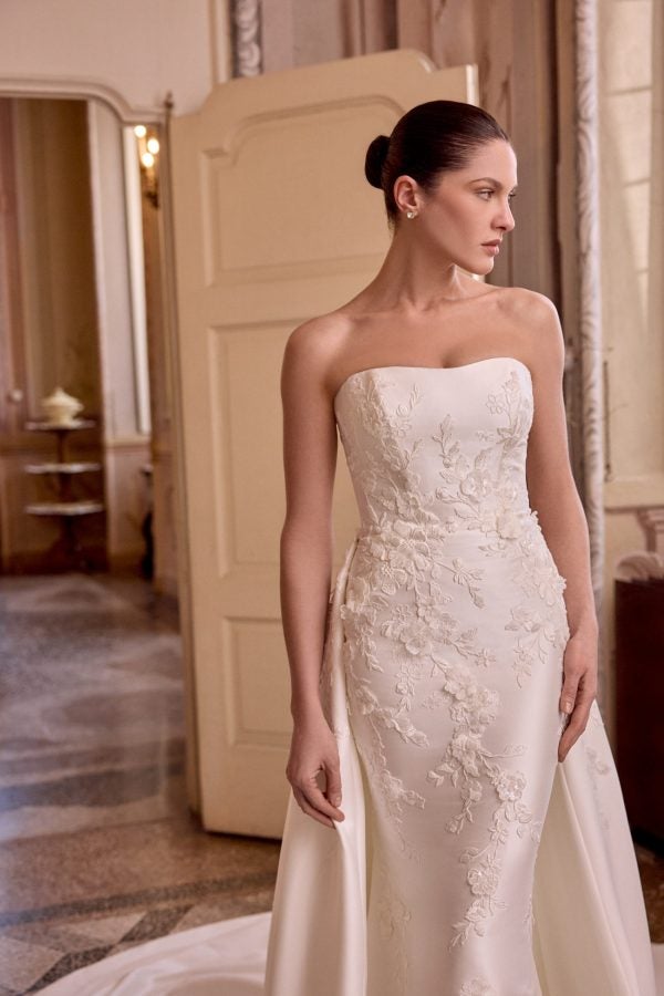 Strapless 3D Floral Silk Fit-And-Flare Wedding Dress With Detachable Overskirt by Justin Alexander - Image 3