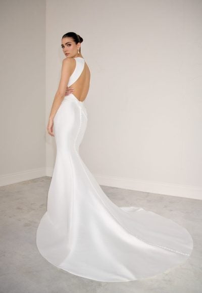 Silk High-Neck Fit-And-Flare Wedding Dress With Open Back And Buttons by Justin Alexander Signature - Image 4