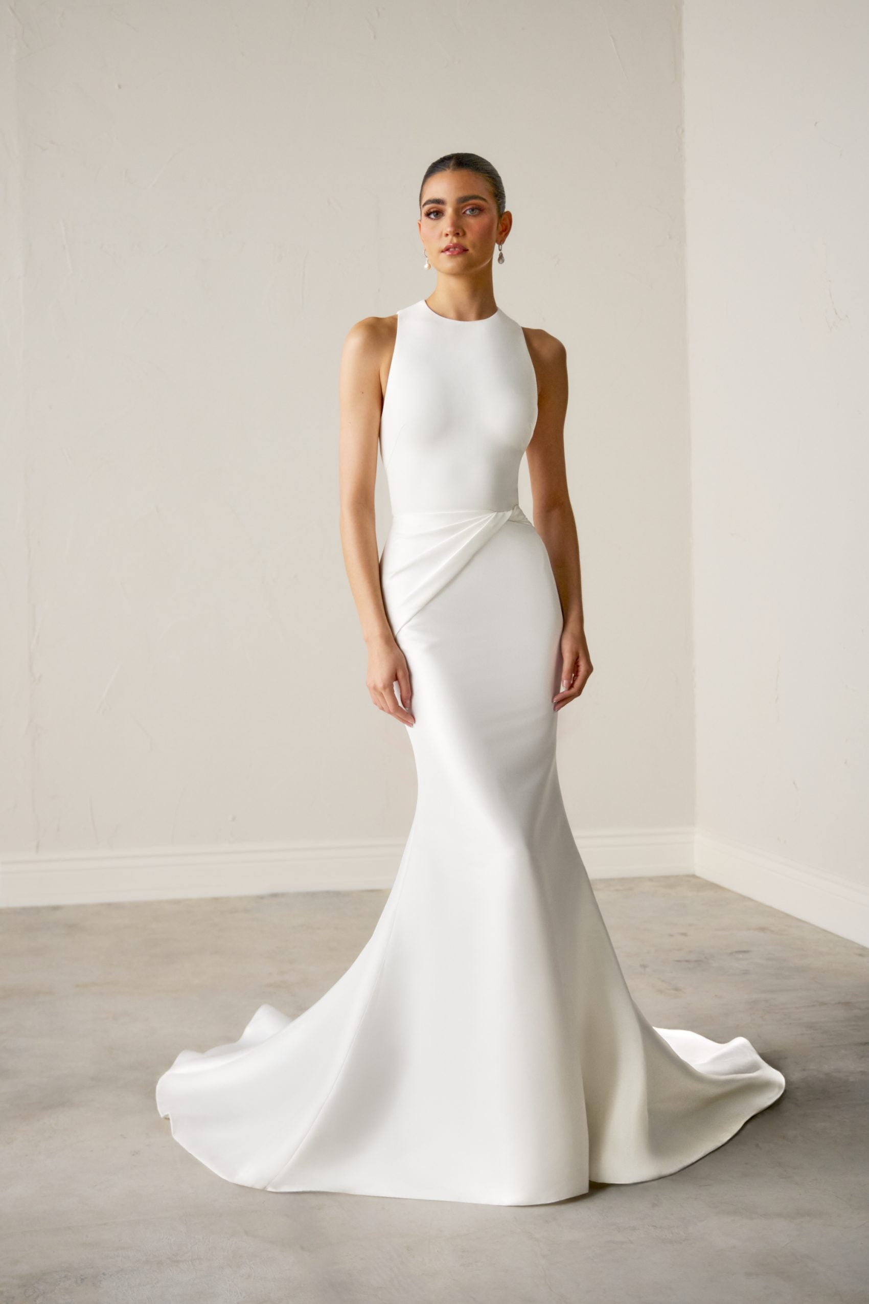 Silk High-Neck Fit-And-Flare Wedding Dress With Open Back And