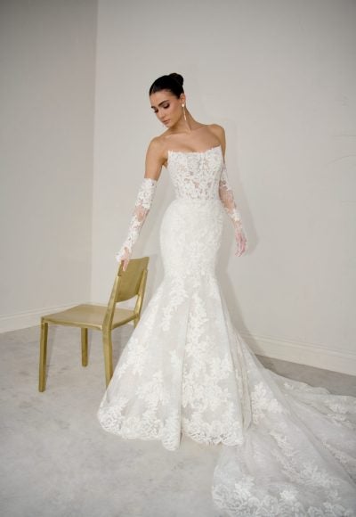 Strapless Lace Fit-And-Flare Wedding Dress With Detachable Sleeves by Justin Alexander Signature - Image 4