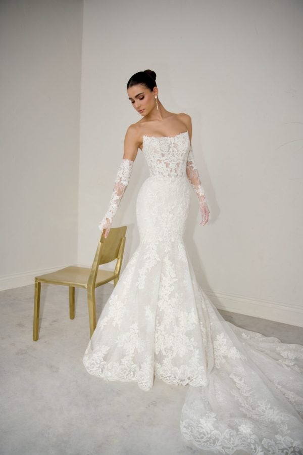 Strapless Lace Fit-And-Flare Wedding Dress With Detachable Sleeves by Justin Alexander Signature - Image 4