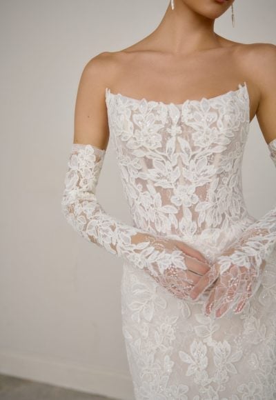 Strapless Lace Fit-And-Flare Wedding Dress With Detachable Sleeves by Justin Alexander Signature - Image 3