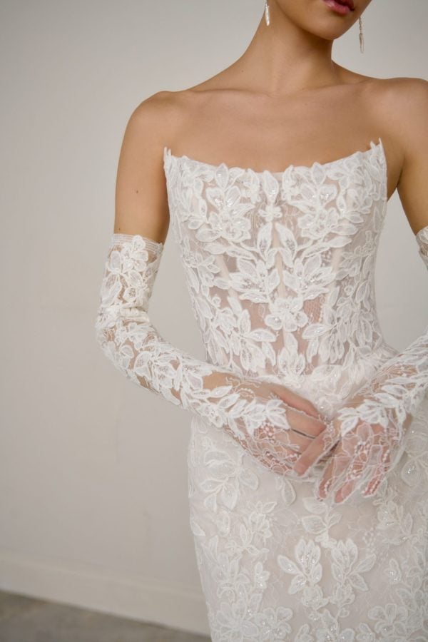 Strapless Lace Fit-And-Flare Wedding Dress With Detachable Sleeves by Justin Alexander Signature - Image 3