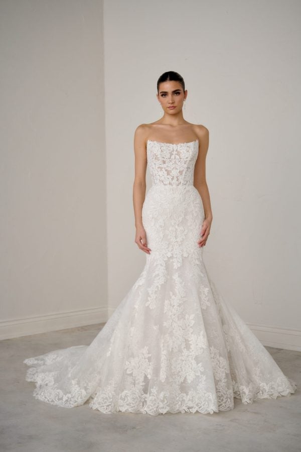Strapless Lace Fit-And-Flare Wedding Dress With Detachable Sleeves by Justin Alexander Signature - Image 1