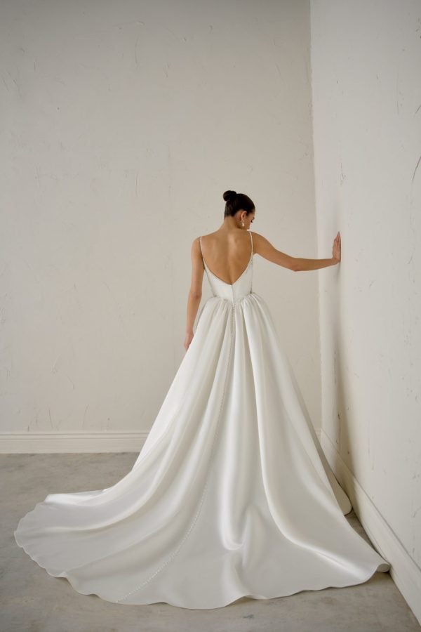 Chic And Glamorous Embellished Satin Ball Gown With Open Back And Buttons by Justin Alexander Signature - Image 3