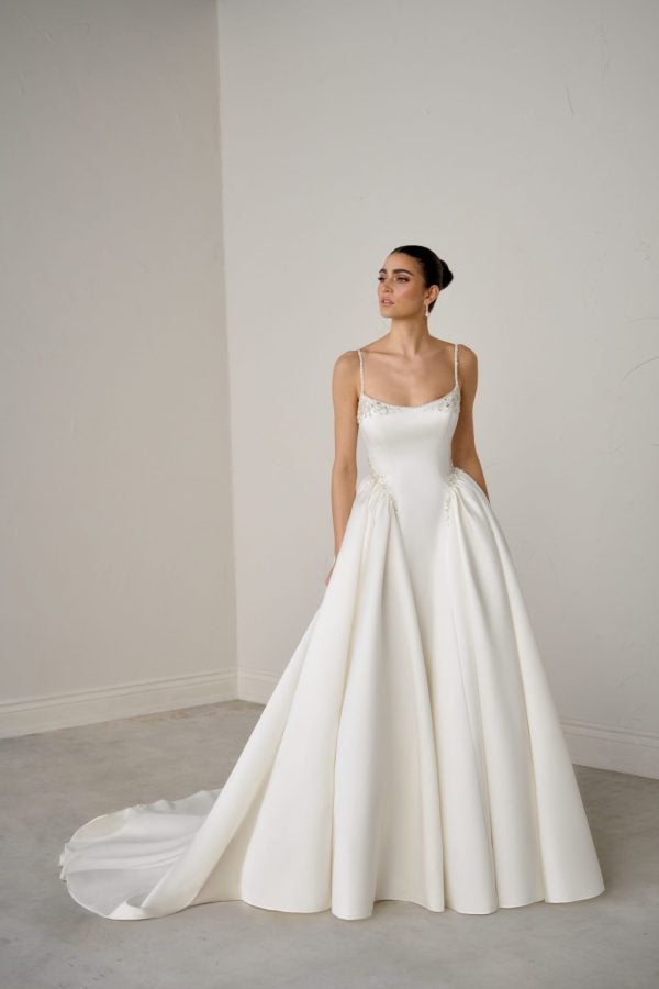 Chic And Glamorous Embellished Satin Ball Gown With Open Back And Buttons by Justin Alexander Signature - Image 1