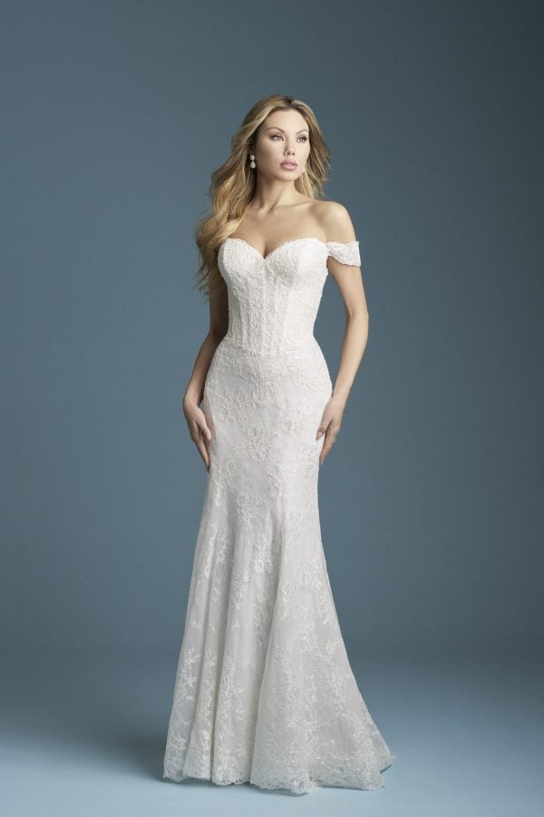 Off-The-Shoulder Lace Sheath Wedding Dress With Buttons by Allure Bridals - Image 1