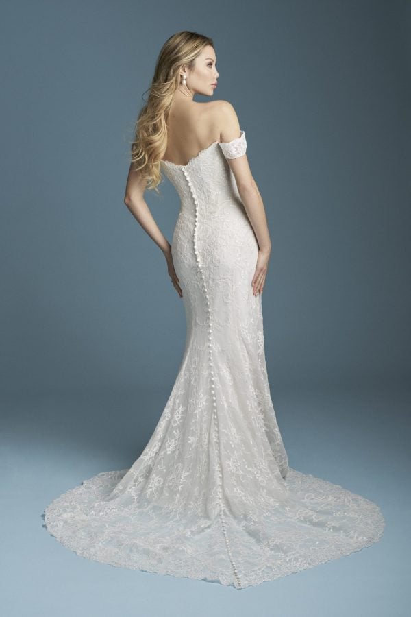 Off-The-Shoulder Lace Sheath Wedding Dress With Buttons by Allure Bridals - Image 2