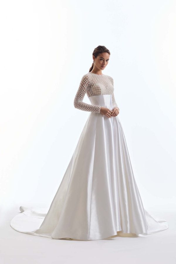 Chic And Modern High-Neck Long Sleeve A-Line Wedding Dress by Demetrios - Image 1