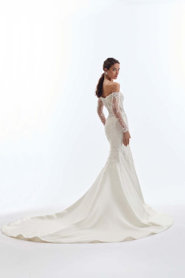 Glamorous Fully-Embellished Fit-And-Flare Wedding Dress With Off-The-Shoulder Long Sleeves by Demetrios - Image 2