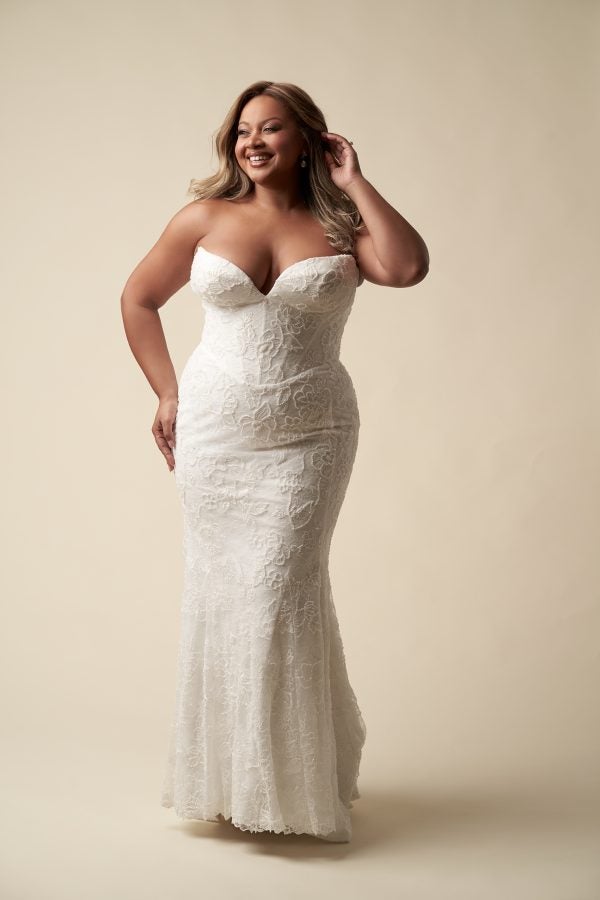 Plus-Size Floral Lace Sheath Wedding Dress With Detachable Topper by Allure Bridals - Image 1