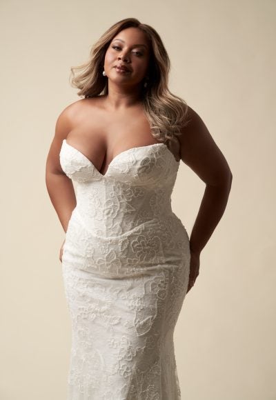 Plus-Size Floral Lace Sheath Wedding Dress With Detachable Topper by Allure Bridals - Image 2
