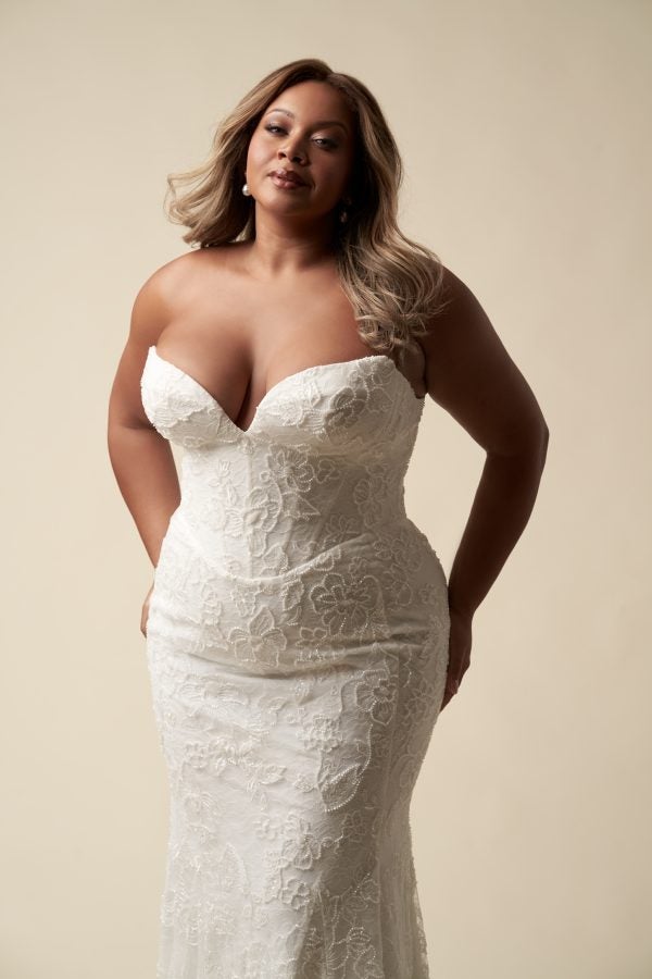 Plus-Size Floral Lace Sheath Wedding Dress With Detachable Topper by Allure Bridals - Image 2