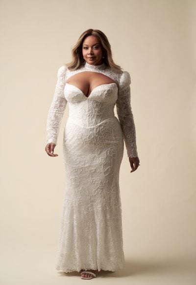 Plus-Size Floral Lace Sheath Wedding Dress With Detachable Topper by Allure Bridals - Image 4