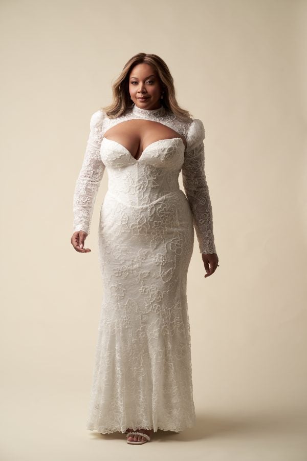 Plus-Size Floral Lace Sheath Wedding Dress With Detachable Topper by Allure Bridals - Image 4