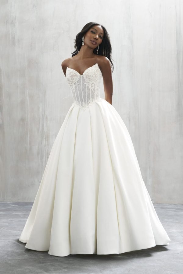 Strapless Lace And Satin Basque-Waist Ball Gown With Buttons by Allure Bridals - Image 1