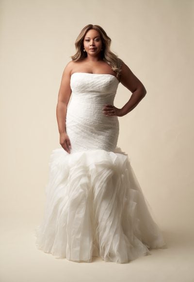 Plus-Size Romantic Strapless Mermaid Wedding Dress With Ruffled Skirt And Buttons by Allure Bridals