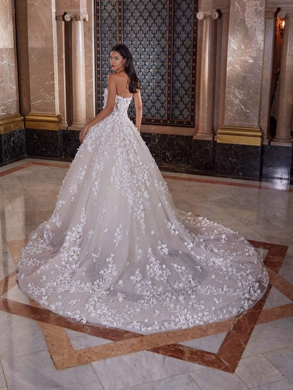 Romantic And Dramatic 3D Floral Tulle Ball Gown With Detachable Sleeves by Demetrios - Image 2