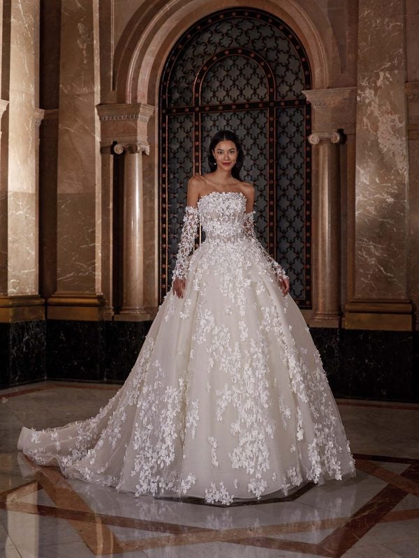 Romantic And Dramatic 3D Floral Tulle Ball Gown With Detachable Sleeves by Demetrios - Image 1