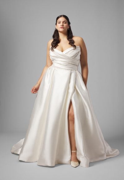 Plus-Size Dramatic Silk Ball Gown With Slit And Detachable Puff Sleeves by Demetrios