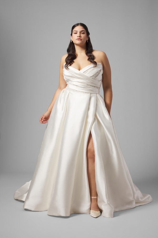 Plus-Size Dramatic Silk Ball Gown With Slit And Detachable Puff Sleeves by Demetrios - Image 1