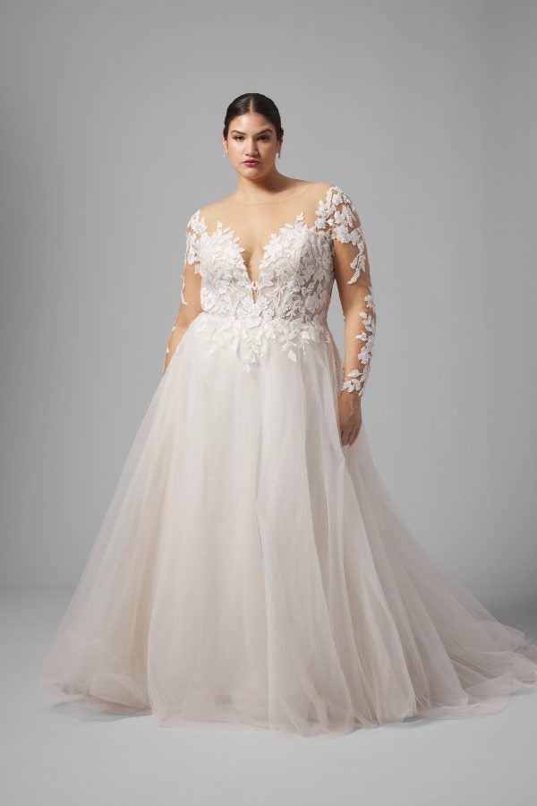Plus-Size Romantic And Ethereal Illusion A-Line Wedding Dress With Buttons by Demetrios - Image 1