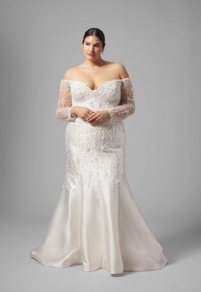 Plus-Size Glamorous Fully-Embellished Fit-And-Flare Wedding Dress With Off-The-Shoulder Long Sleeves by Demetrios
