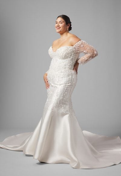 Plus-Size Glamorous Fully-Embellished Fit-And-Flare Wedding Dress With Off-The-Shoulder Long Sleeves by Demetrios - Image 2