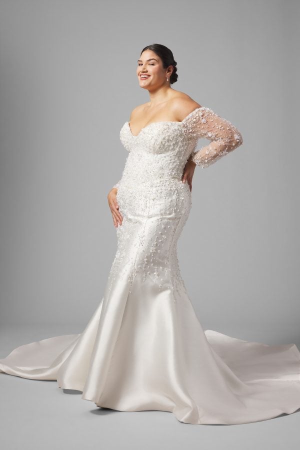 Plus-Size Glamorous Fully-Embellished Fit-And-Flare Wedding Dress With Off-The-Shoulder Long Sleeves by Demetrios - Image 2