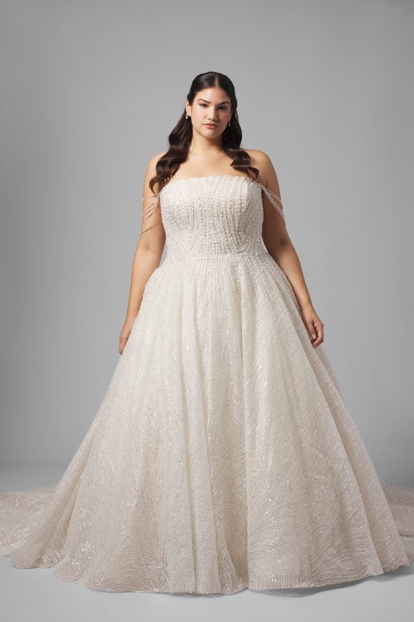 Plus-Size Celestial-Inspired Beaded Tulle Ball Gown With Detachable Cape by Demetrios - Image 1