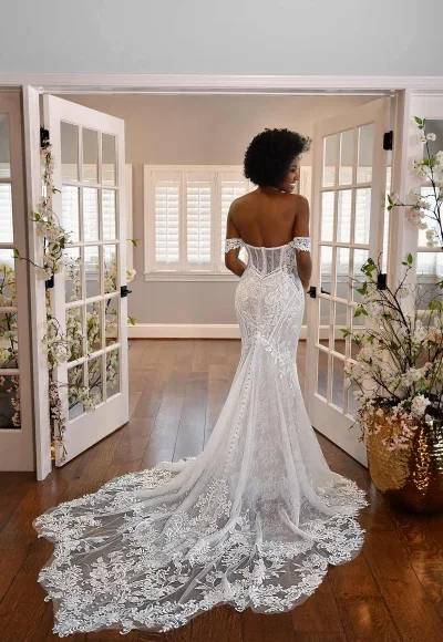 Off-The-Shoulder Lace Fit-And-Flare Wedding Dress With Buttons by Essense of Australia - Image 2